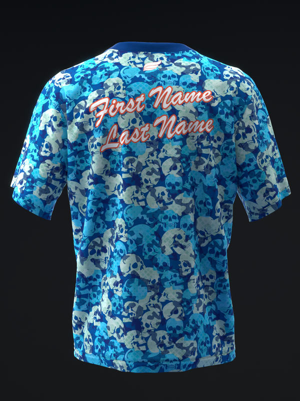 Blue skull pattern bowling jersey back view with personalized name embroidery