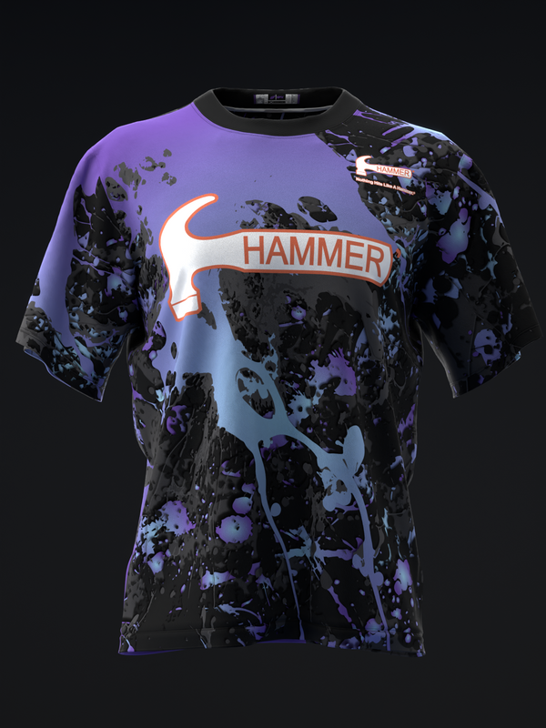 Purple and black splatter bowling jersey with Hammer logo and text front view