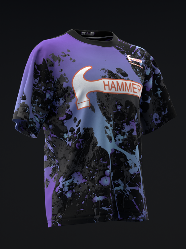 Purple and black bowling jersey with hammer logo and splatter pattern design
