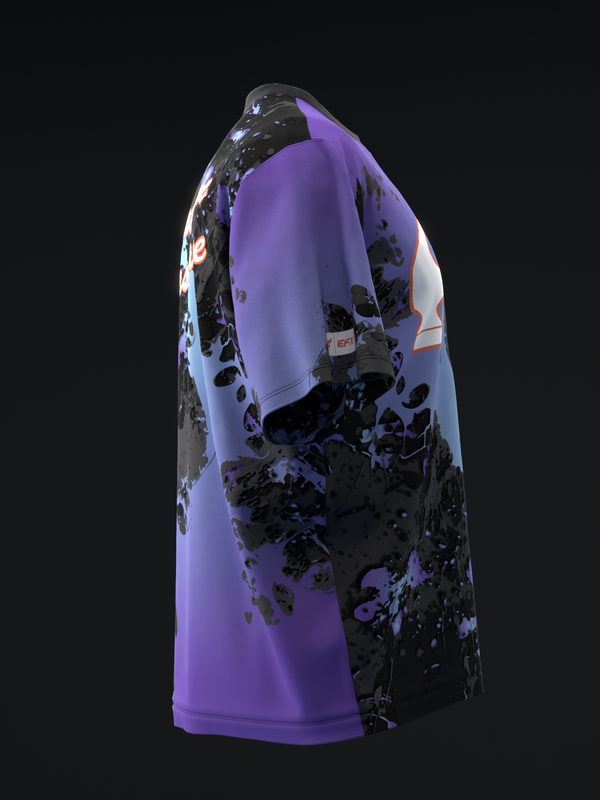 Purple bowling jersey with black splatter paint design, side view
