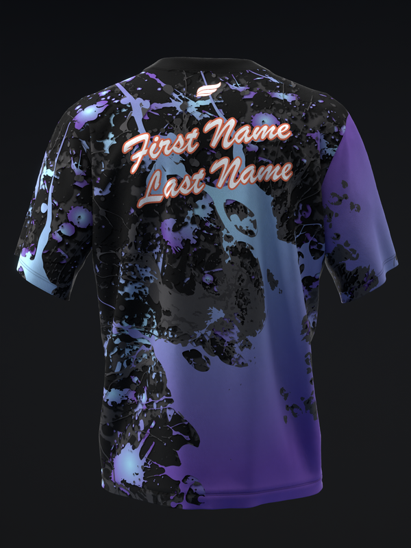 Black and purple bowling jersey with abstract splatter design and personalization text