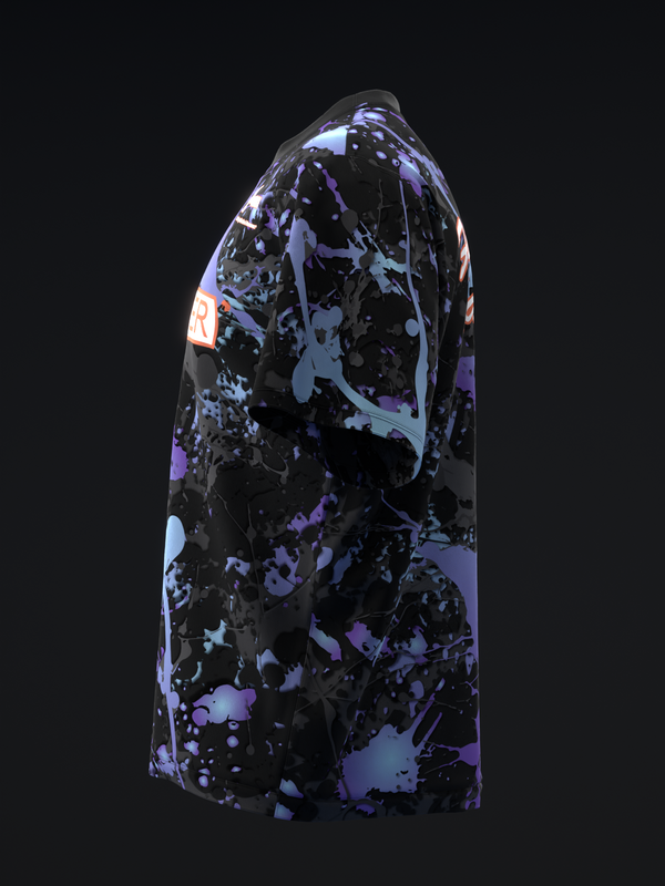 Black bowling jersey with purple and blue splatter paint pattern design