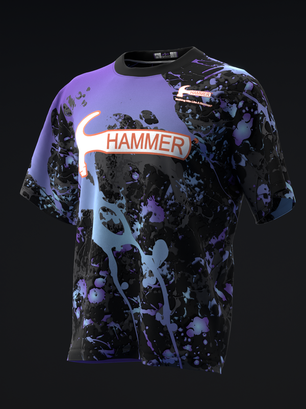 Black and purple bowling jersey with Hammer logo and splatter paint design, front view