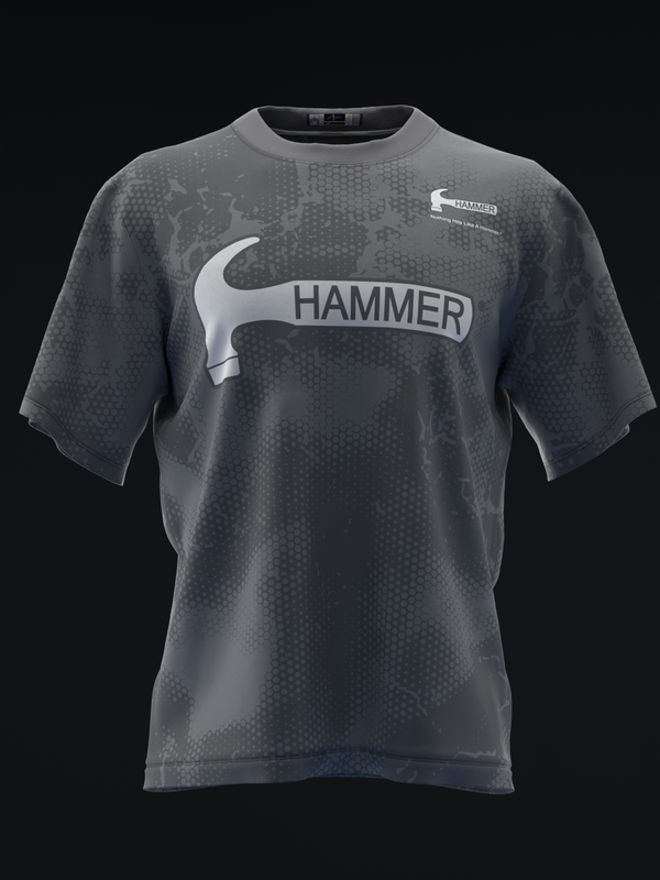 Charcoal bowling jersey with Hammer logo and hammer icon graphic on front