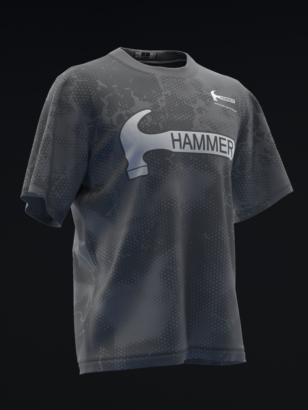 Gray bowling jersey with hammer graphic and textured dot pattern, front view