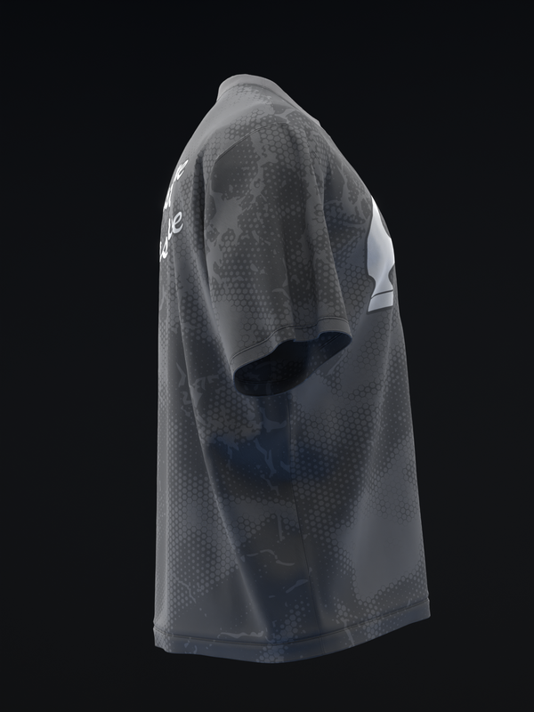 Gray bowling jersey with honeycomb texture pattern, side view on mannequin