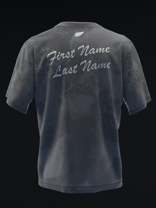 Dark gray bowling jersey back view with personalized name text in script