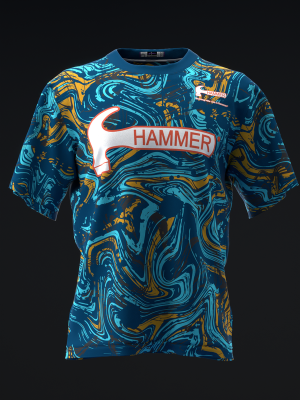 Blue bowling jersey with swirled gold and cyan pattern and Hammer logo graphic front view