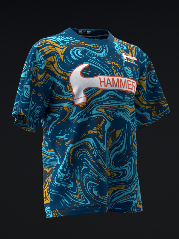 Bowling jersey with blue swirled marble pattern, yellow accents, and Hammer logo front view
