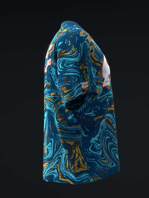 Blue bowling jersey with swirled yellow and teal abstract pattern, side view