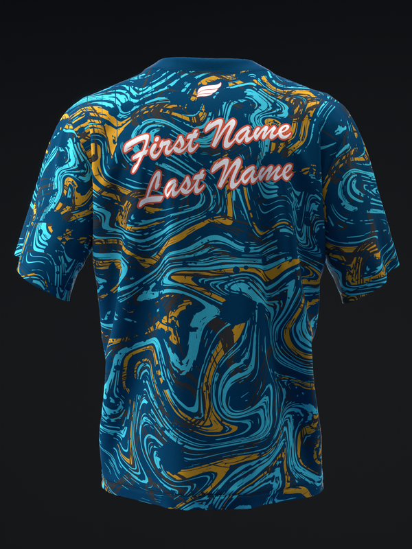 Blue bowling jersey with liquid swirl pattern and pink neon text, back view