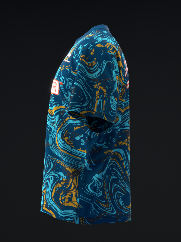 Blue bowling jersey with swirled gold and cyan abstract pattern, front view