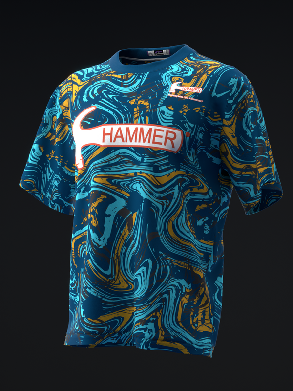 Blue and gold swirled bowling jersey with white Hammer logo patch, front view