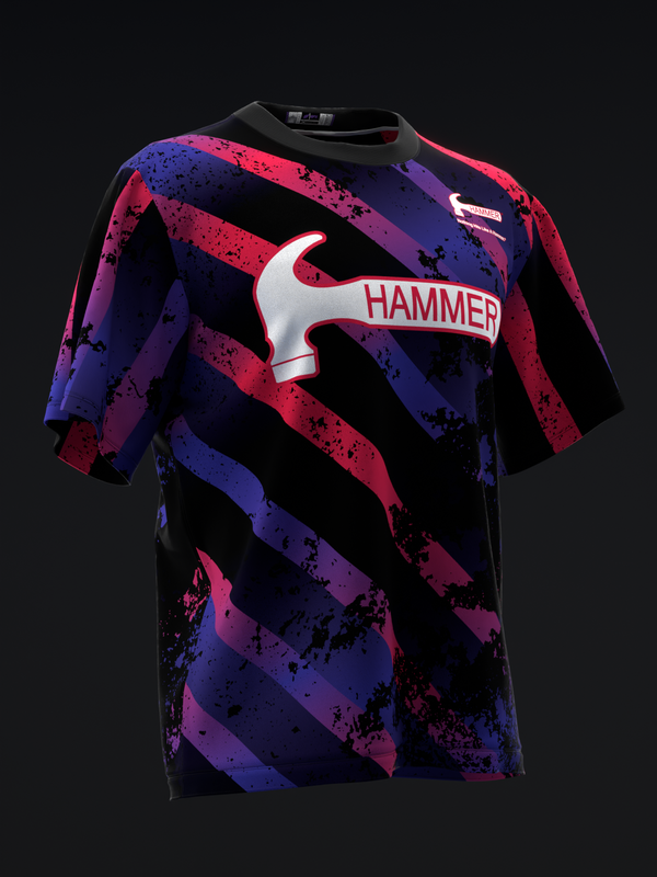 Black bowling jersey with red and purple diagonal stripes and hammer graphic