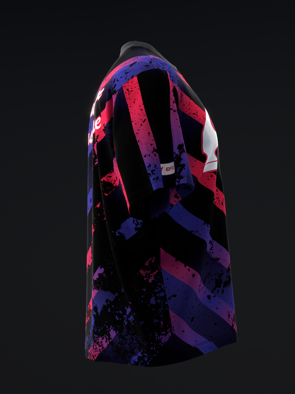 Black bowling jersey with colorful diagonal stripes and splatter effect, back view