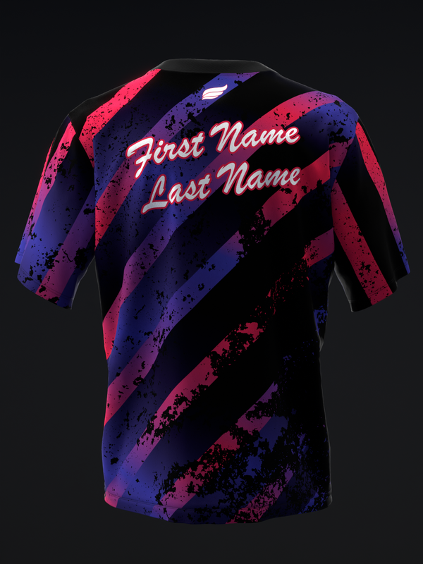 Black bowling jersey with pink and blue grunge diagonal stripes and personalization text