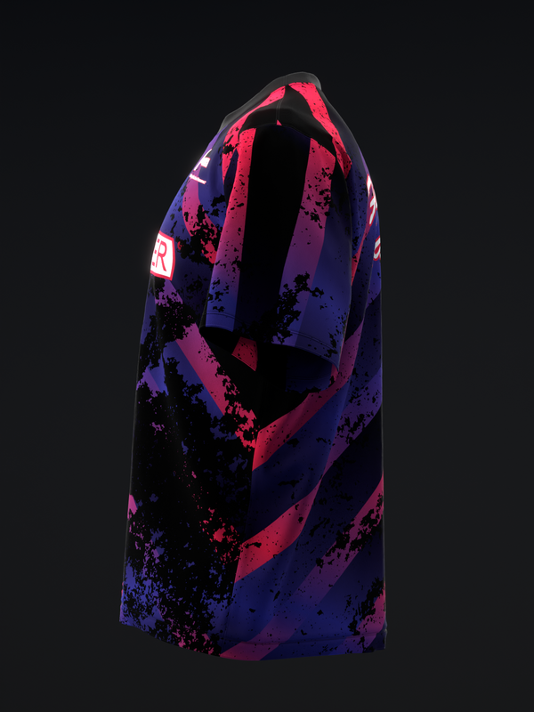 Bowling jersey in navy and pink with distressed grunge graphic pattern, side view