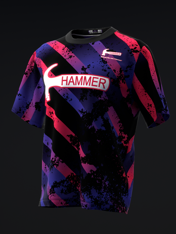 Black bowling jersey with neon pink, purple, and blue splatter pattern and Hammer logo front view