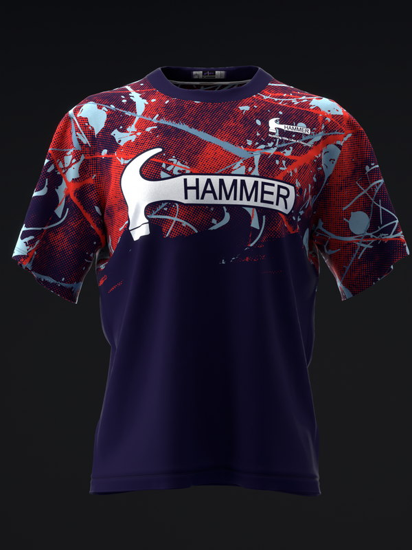 Navy and red bowling jersey with abstract graphic pattern and Hammer logo front view