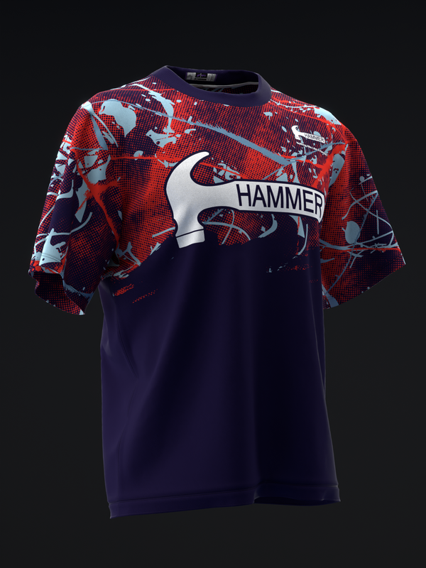 Navy and red bowling jersey with hammer graphic and geometric pattern, front view