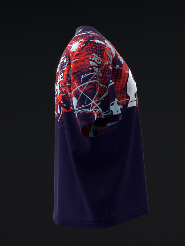 Navy bowling jersey with red and white abstract graphic on back yoke