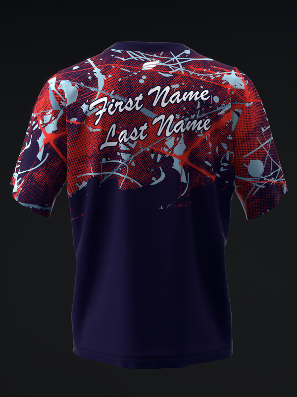 Navy bowling jersey with red abstract graphic shoulders and personalization text