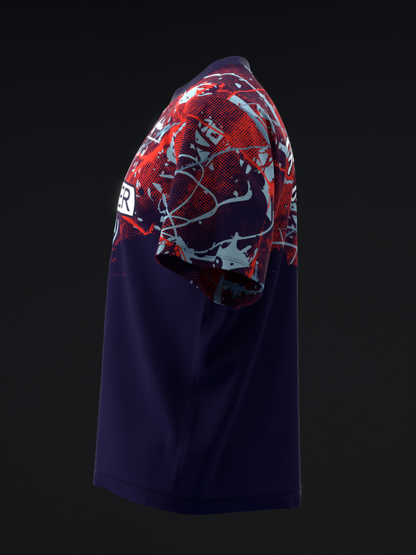 Navy bowling jersey with red and white abstract graphic design on back