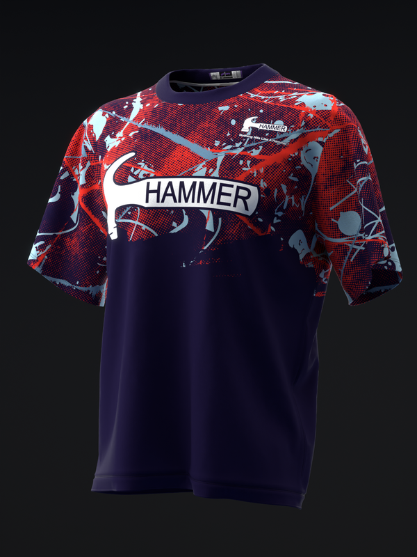 Navy and red bowling jersey with geometric pattern and Hammer text across chest
