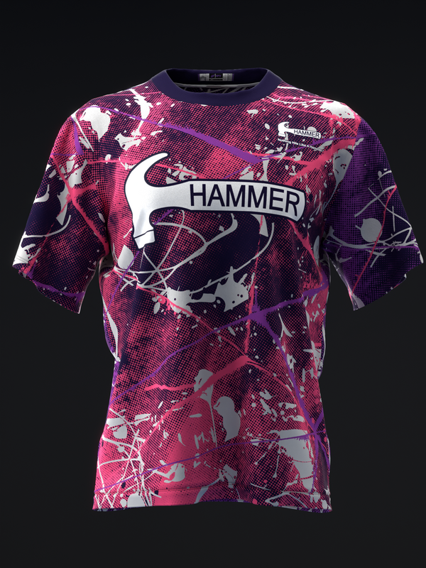 Front view of purple and pink bowling jersey with abstract splatter design and Hammer logo