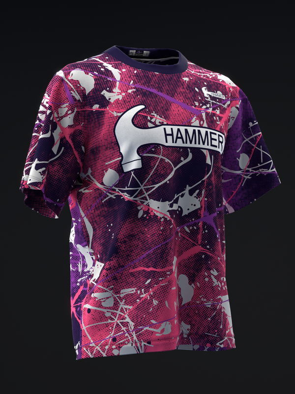 Pink and purple bowling jersey with white hammer graphic and splatter pattern design