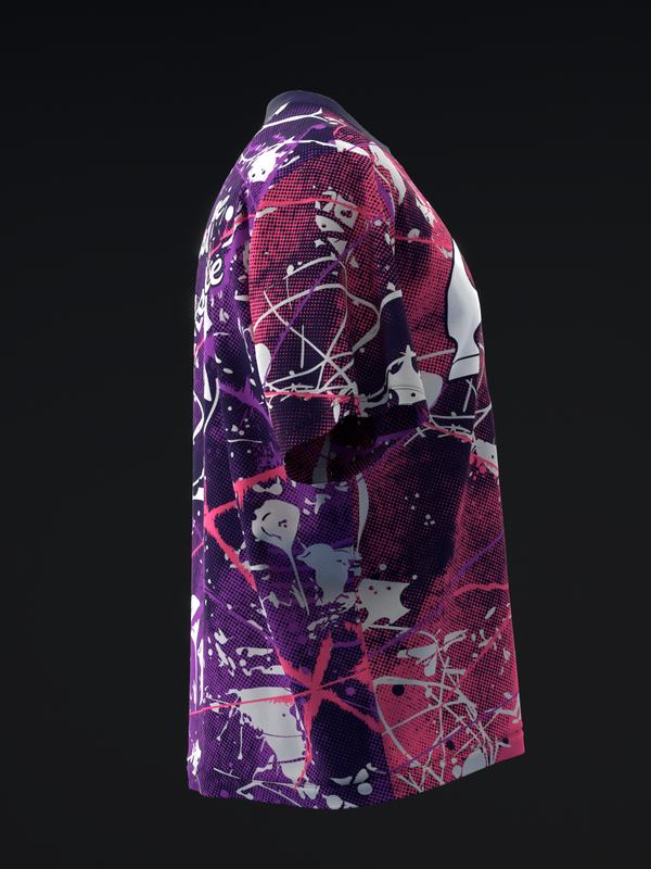 Purple and pink bowling jersey with abstract geometric and splatter design, side view