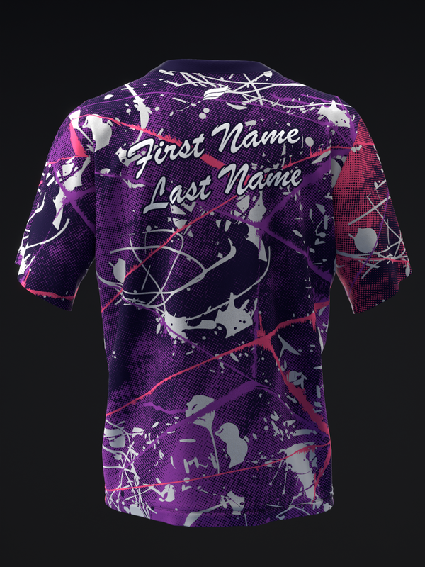 Purple bowling jersey with abstract splatter pattern and personalization lines on back