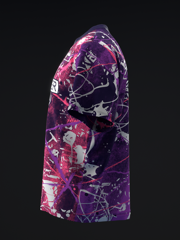 Purple and pink bowling jersey with abstract graphic design and white text detail