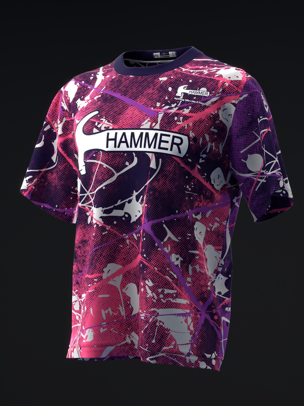 Purple and pink bowling jersey with Hammer branding and abstract splatter design