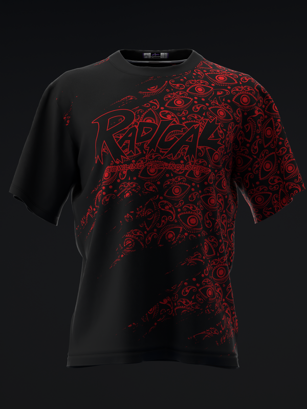 Black bowling jersey with red ornate pattern and graphic design, front view