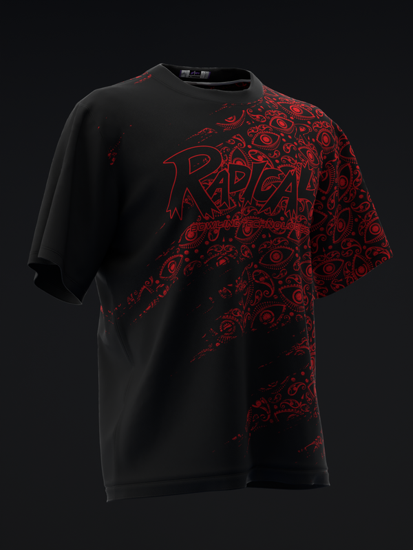 Black bowling jersey with red evil eye pattern and Radical text graphic