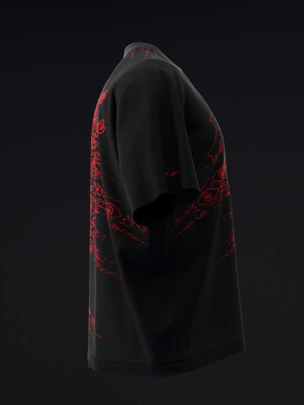 Black bowling jersey with red evil eye graphic design on sleeves, side view