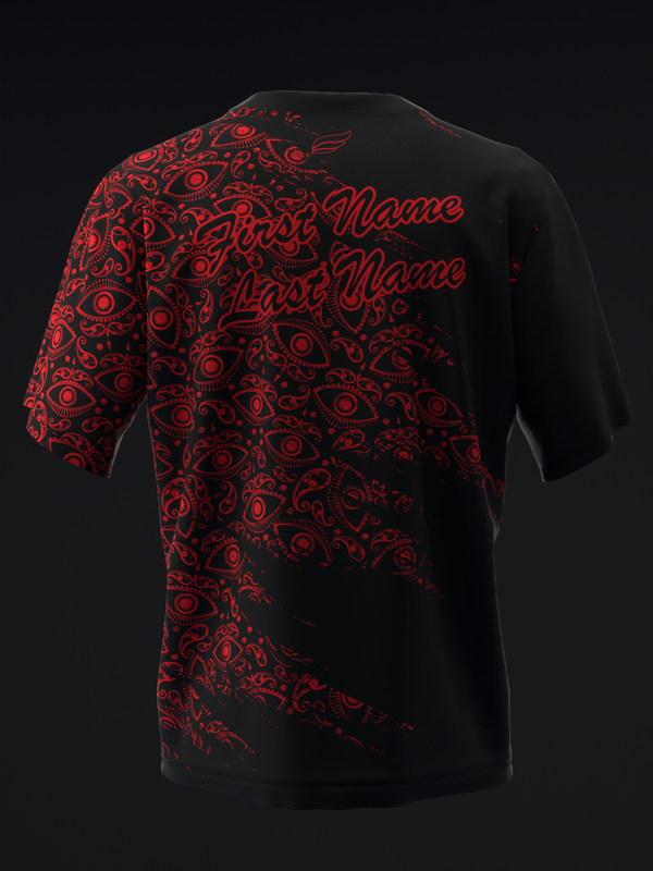 Black bowling jersey with red evil eye pattern and text overlay on front