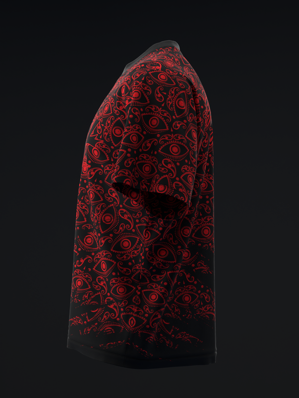 Black bowling jersey with red evil eye and paisley pattern throughout