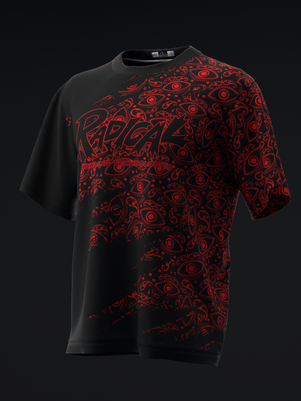 Black bowling jersey with red abstract eye and paisley pattern design