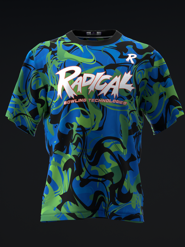 Blue and green abstract bowling jersey with white Radical logo text front view