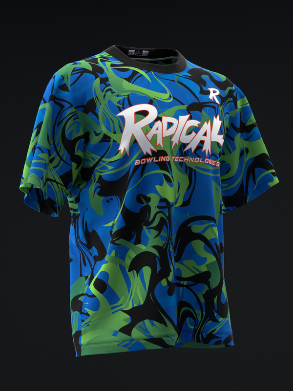 Front view of blue, lime green, and black swirled pattern bowling jersey