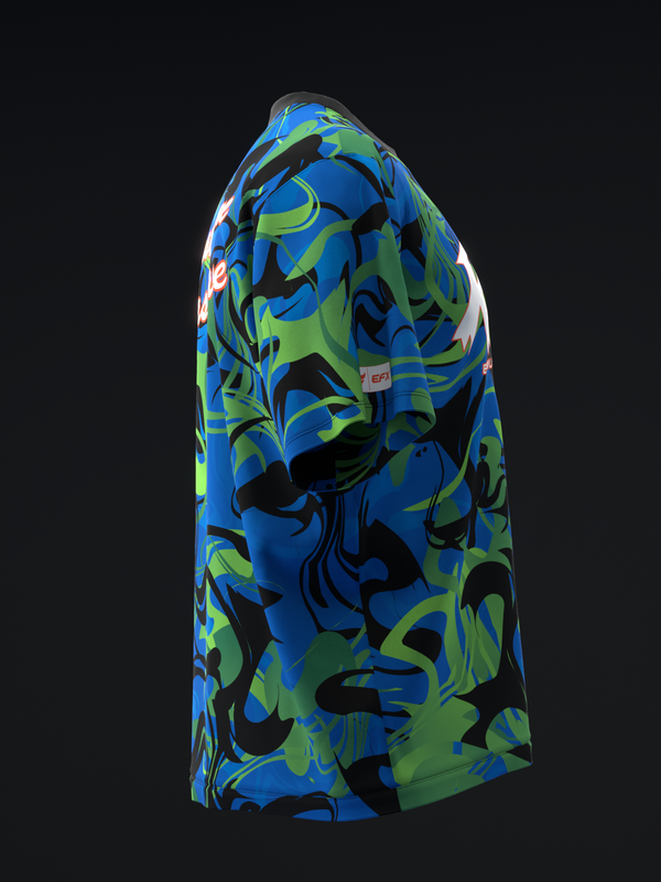 Blue bowling jersey with lime green and black abstract geometric pattern, side view