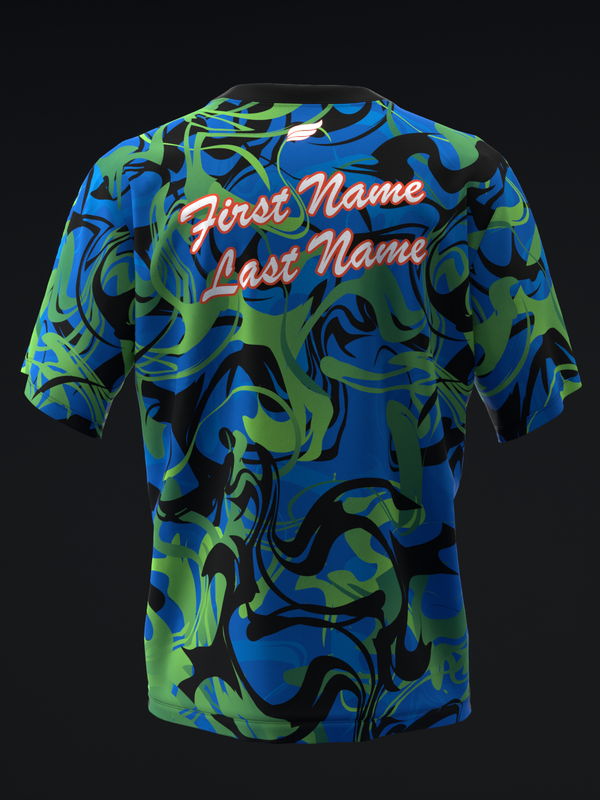 Bowling jersey with blue, lime green, and black abstract swirl pattern, customizable name text