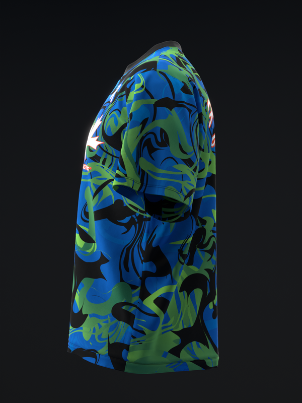 Blue, green, and black abstract bowling jersey with dynamic swirling graphic pattern