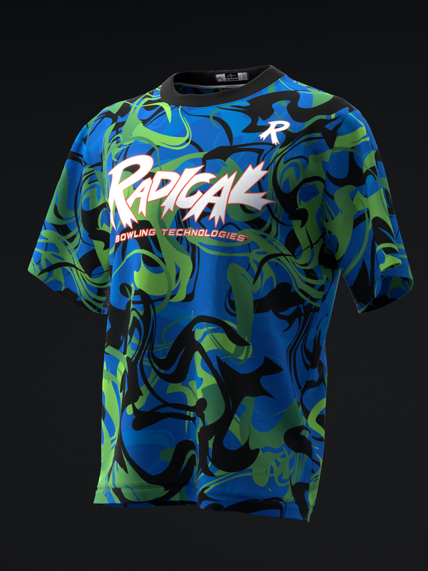 Blue, lime and black abstract bowling jersey with Radical logo front view