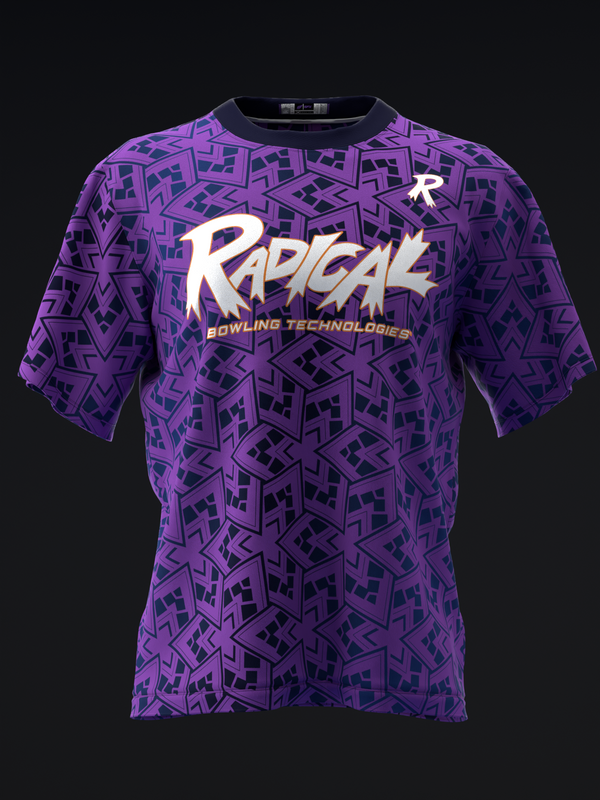 Purple bowling jersey with geometric pattern and white Radical Bowling Technologies logo, front view