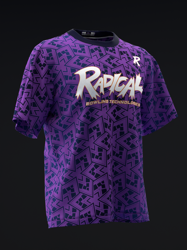 Purple bowling jersey with geometric pattern and white Radical Bowling Technologies logo, front view