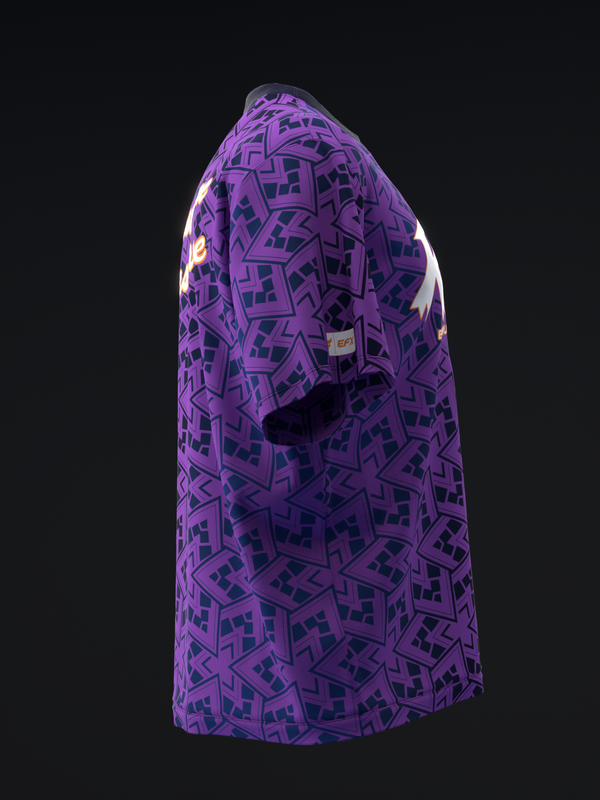 Purple bowling jersey with geometric pattern and small EFX logo detail, side view