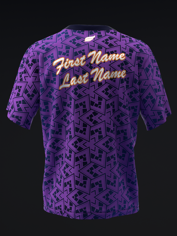 Purple bowling jersey with geometric pattern and gold cursive name text on back